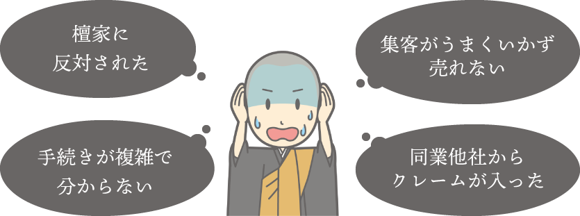 檀家に反対された、集客がうまくいかず売れない、手続きが複雑でわからない、同業他社からクレームが入った